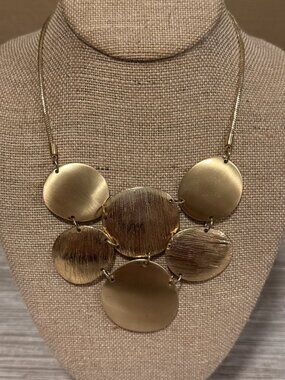 Gold Disc Bib Necklace Textured Tiered Geometric Statement Chunky